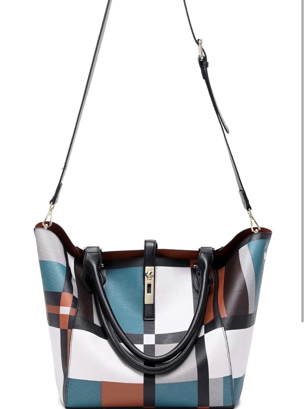 Plaid Colorblock Tote Bag with Black Trim